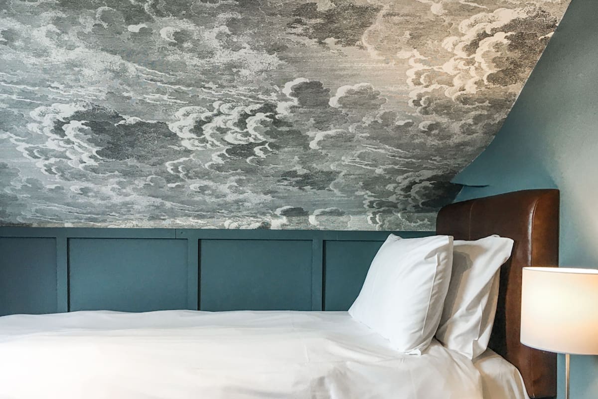 A bedroom with a bed, a headboard, a lamp, and a ceiling with a cloud pattern.