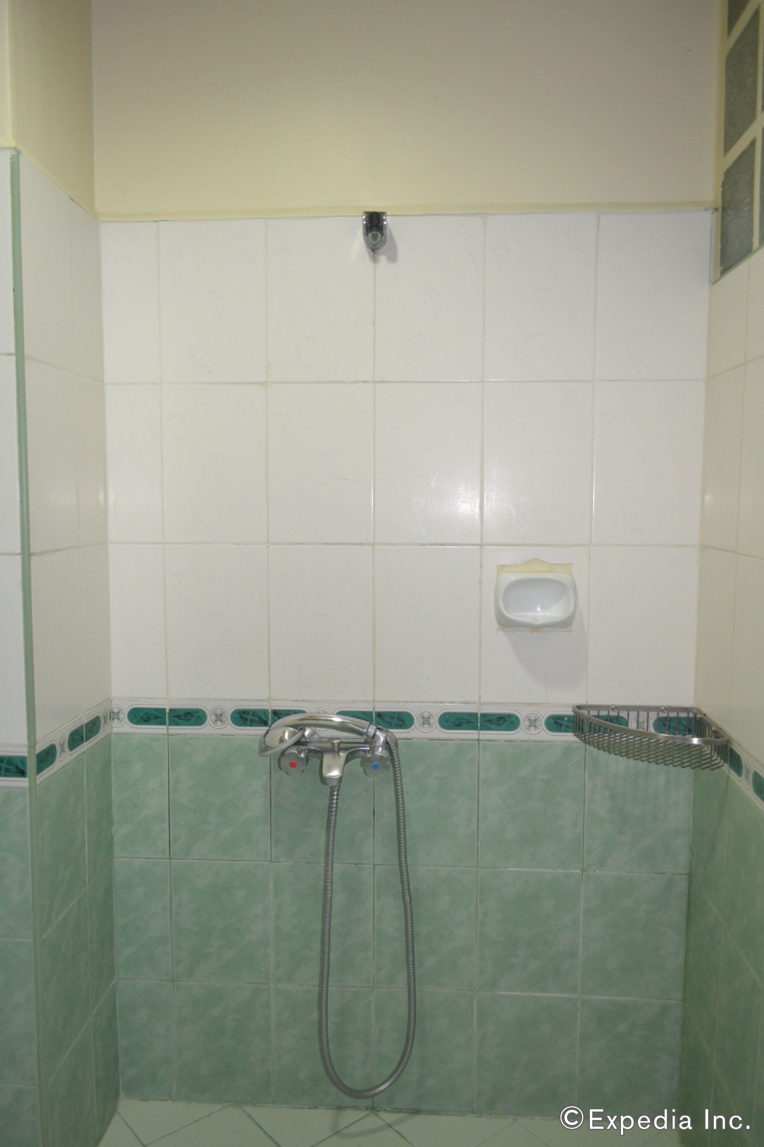 A bathroom with green tiles, a shower, and a soap dish.