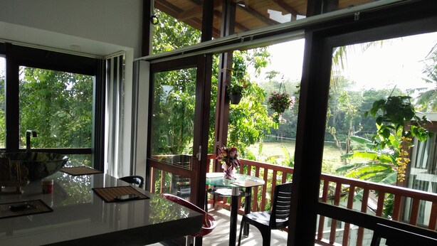 Cocina moderna con ventanas amplias, zona de comedor con mesa de vidrio y vista a vegetación exuberante.