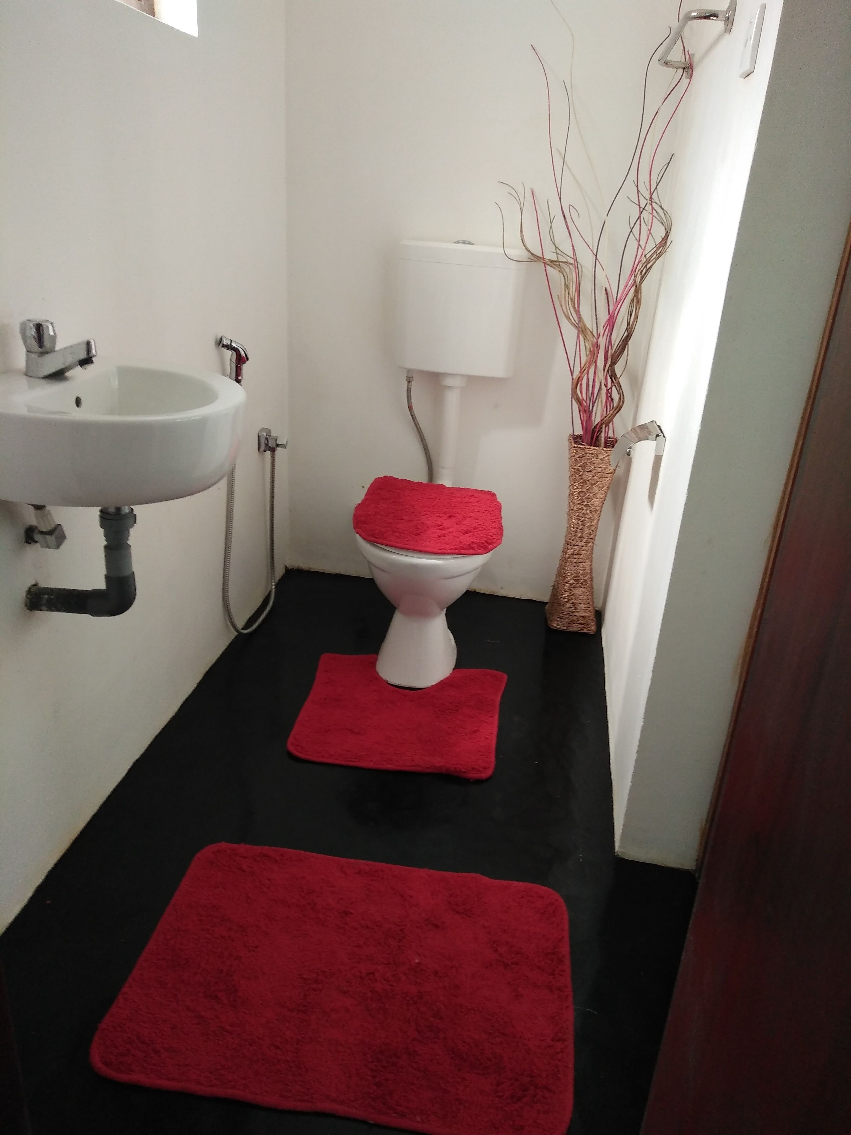 Een badkamer met een witte wastafel, een toilet met een rode zitting en een vaas met takken.