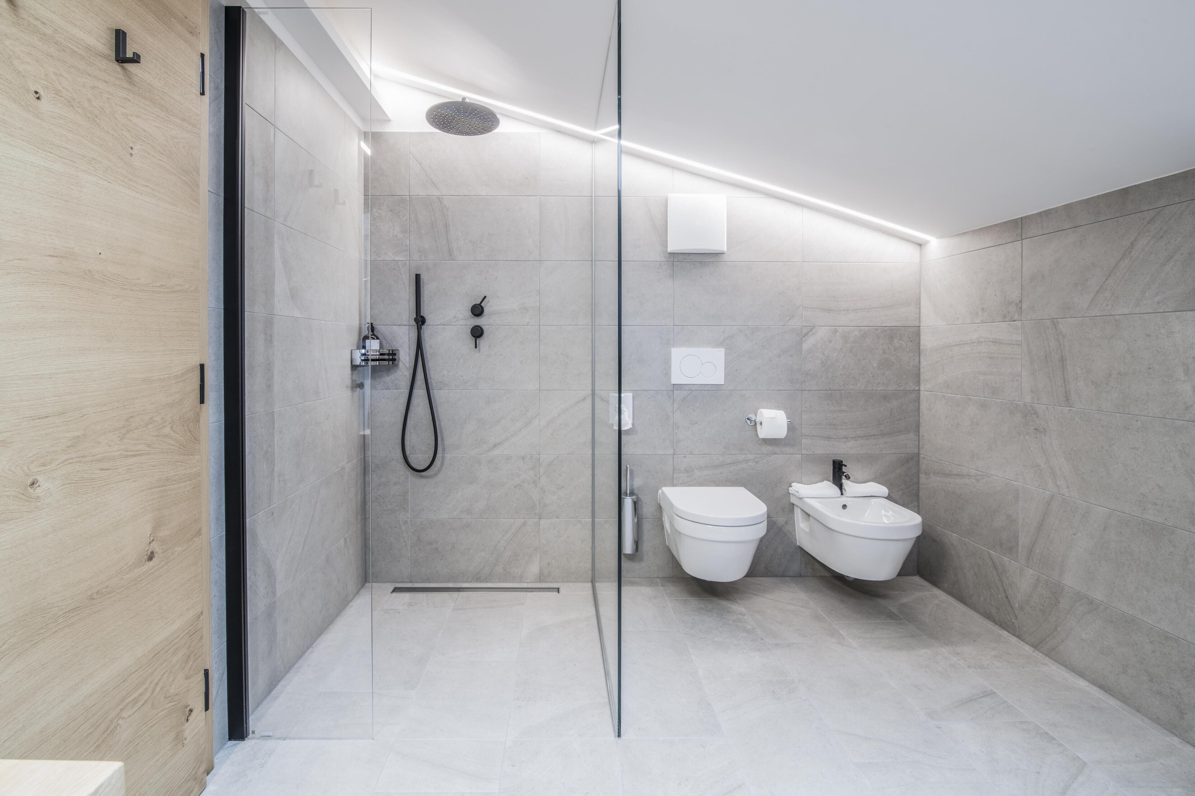 A modern bathroom with a glass shower enclosure, a toilet, and a bidet.