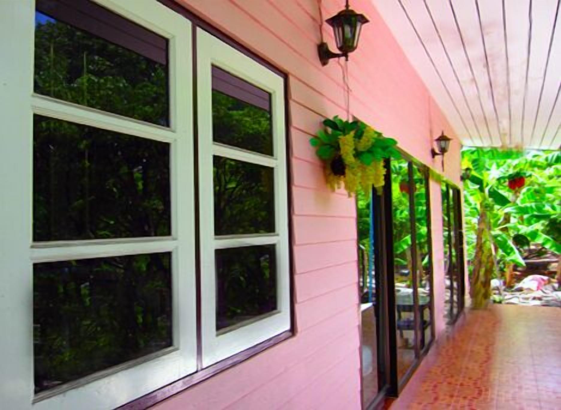 A corridor with large windows, a pink wall, and hanging plants.