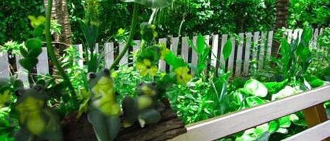A garden with a wooden bench, lush greenery, and a variety of plants including a large leafed plant and a cactus.