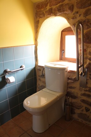 A bathroom with a toilet, a handrail, and a window.