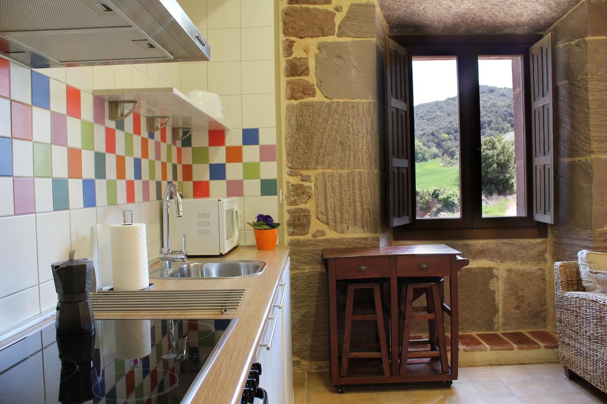 A kitchen with a modern stove, a microwave, and a colorful tile backsplash.
