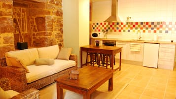 Superior Apartment, 2 Bedrooms, Kitchen, Mountainside | Living area | 24-inch TV with digital channels, heated floors