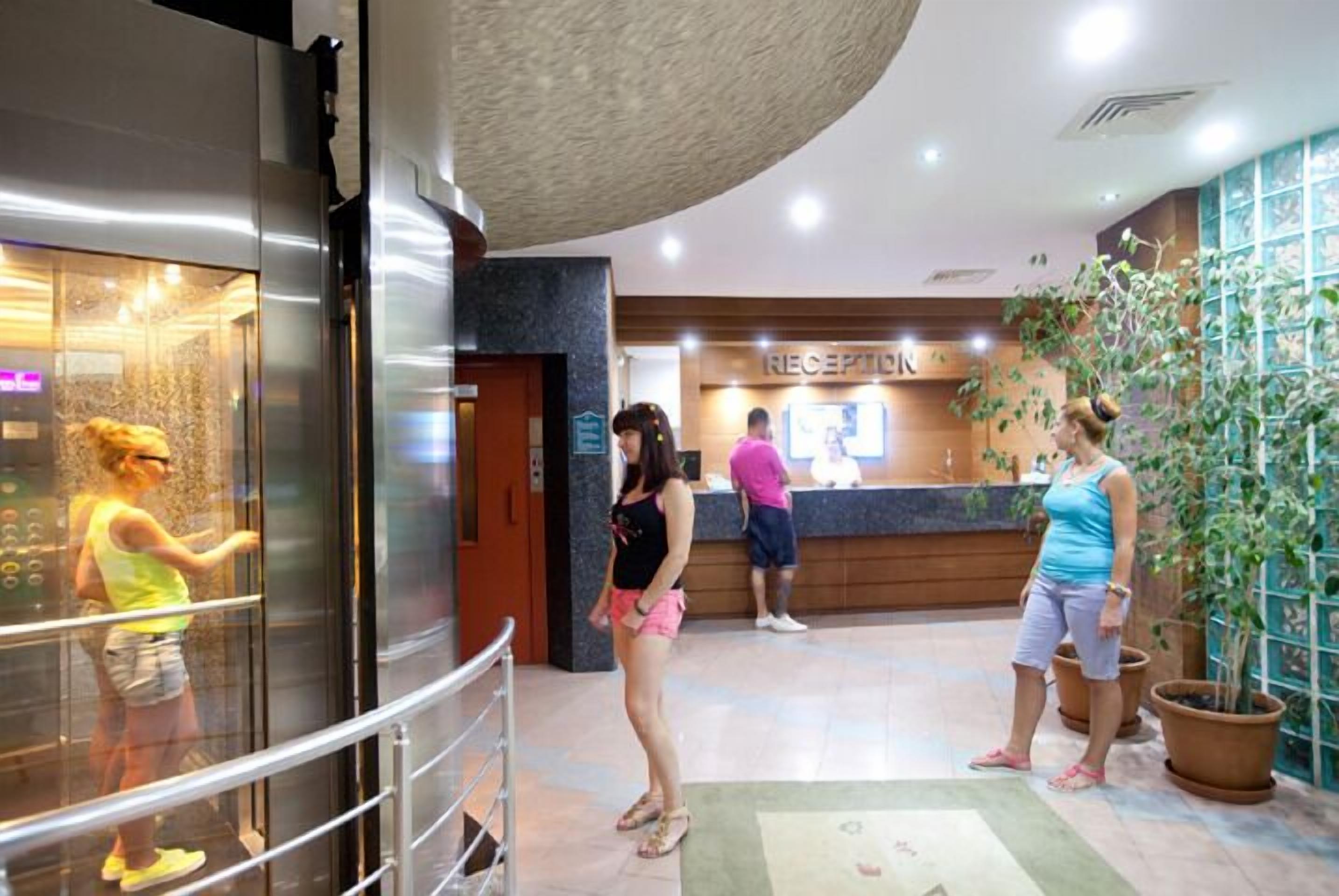 A reception area with a reception desk, a glass elevator, and a potted plant.