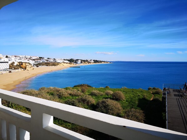 Vista costera con playa, océano y edificios al fondo.