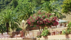 A terrace with stone walls, palm trees, and a pink flowering tree. - Residence Green Park (Ventimiglia)
