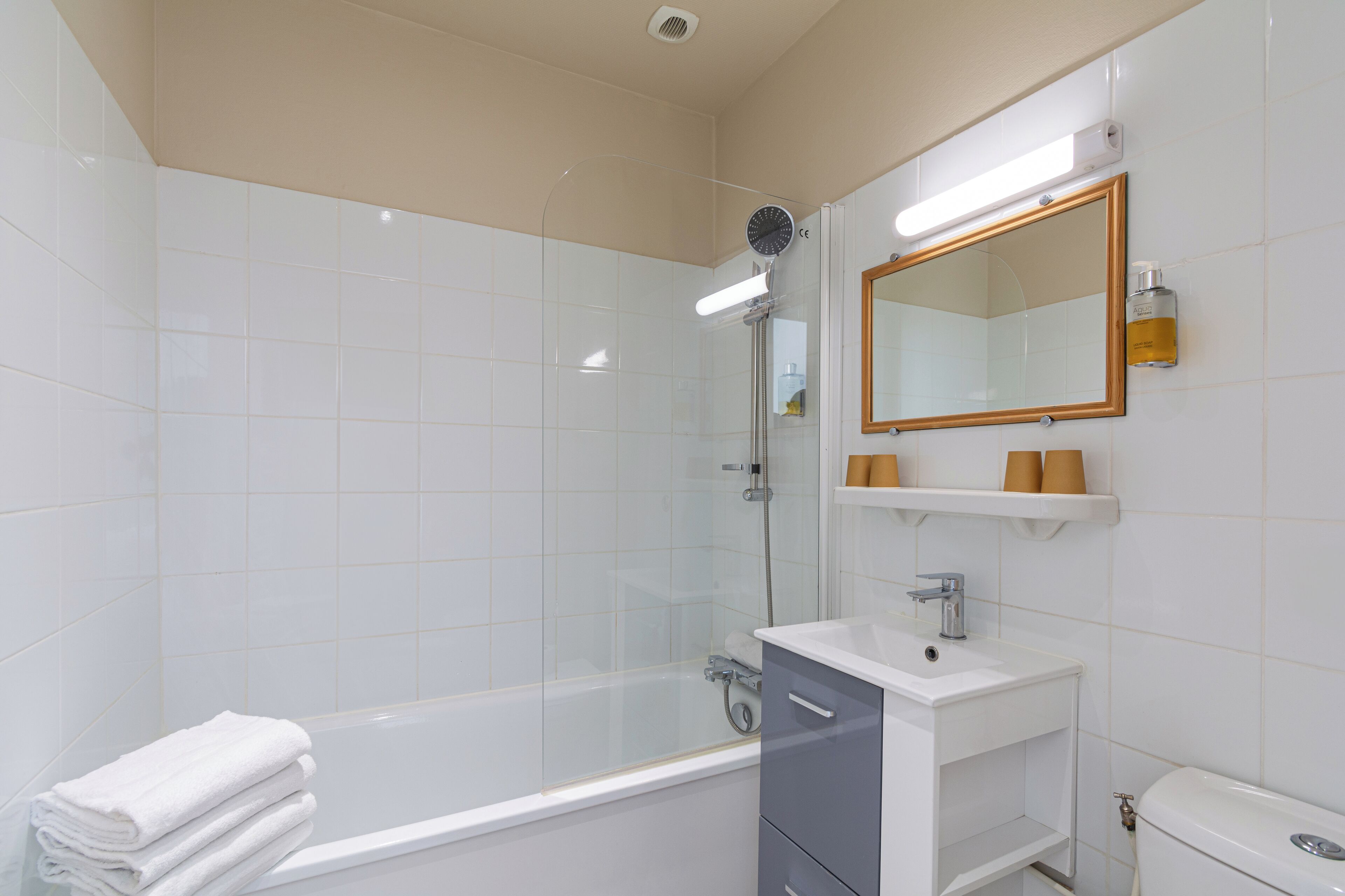 A modern bathroom with a glass-enclosed shower, a white sink, and a toilet.