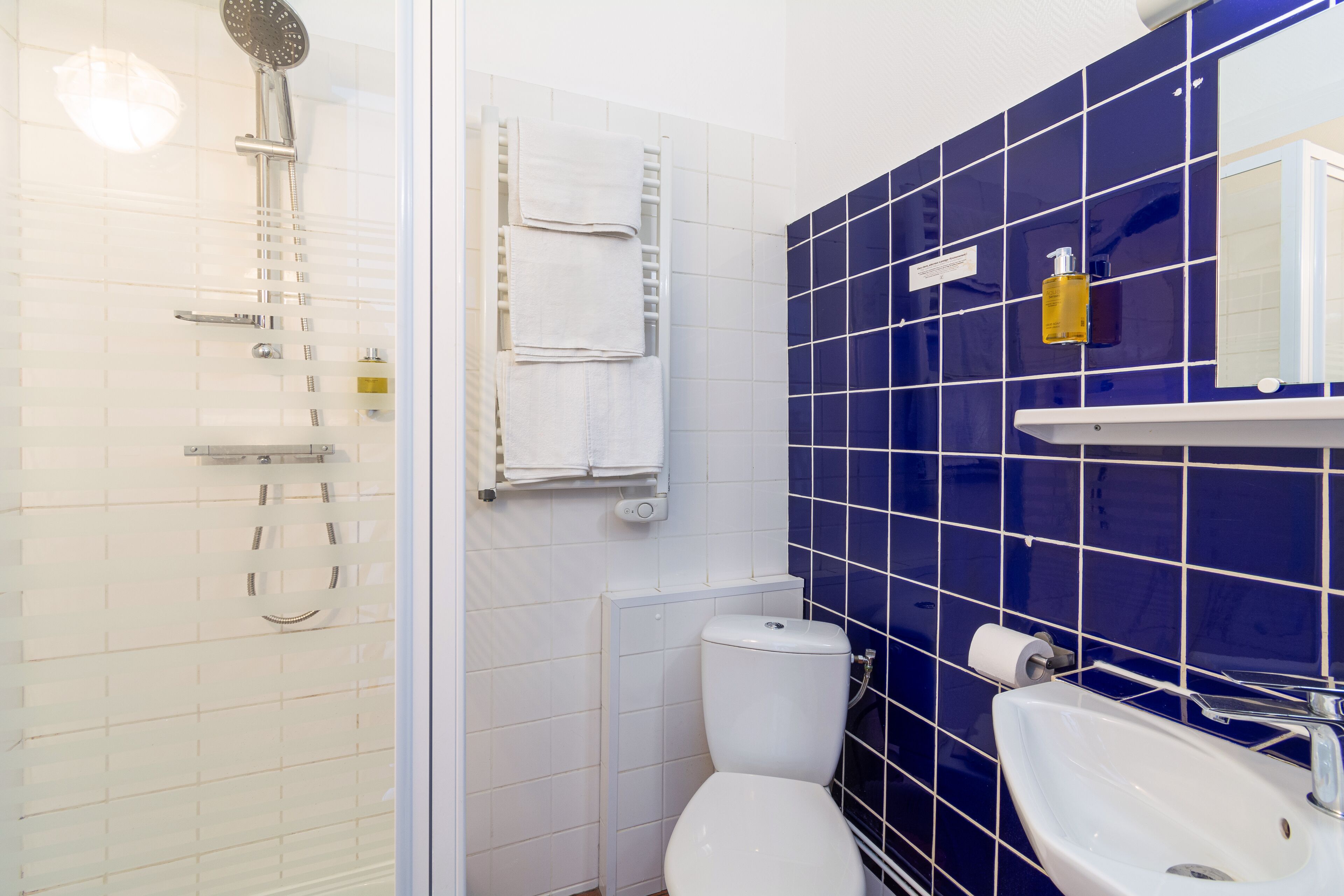A bathroom with a glass-enclosed shower, white toilet, and a sink with a mirror above it.