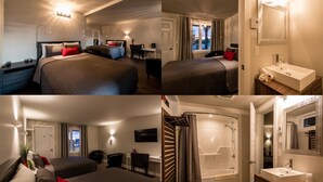 Ein Hotelzimmer mit einem großen Bett, einem Schreibtisch, einer Dusche und einem Badezimmer mit Waschbecken und Spiegel.