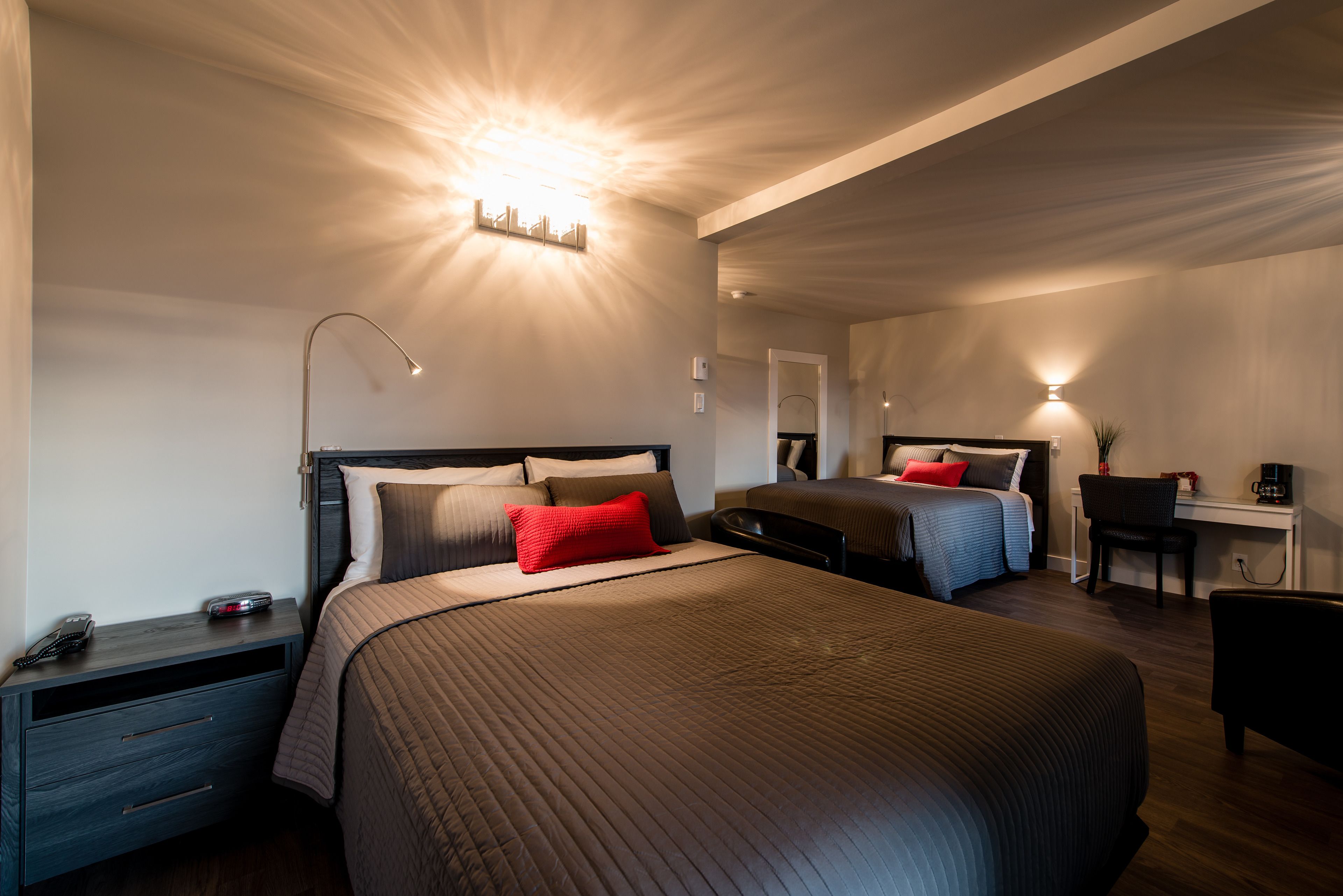 family room, 2 queen beds | premium bedding, desk, soundproofing, iron/ironing board