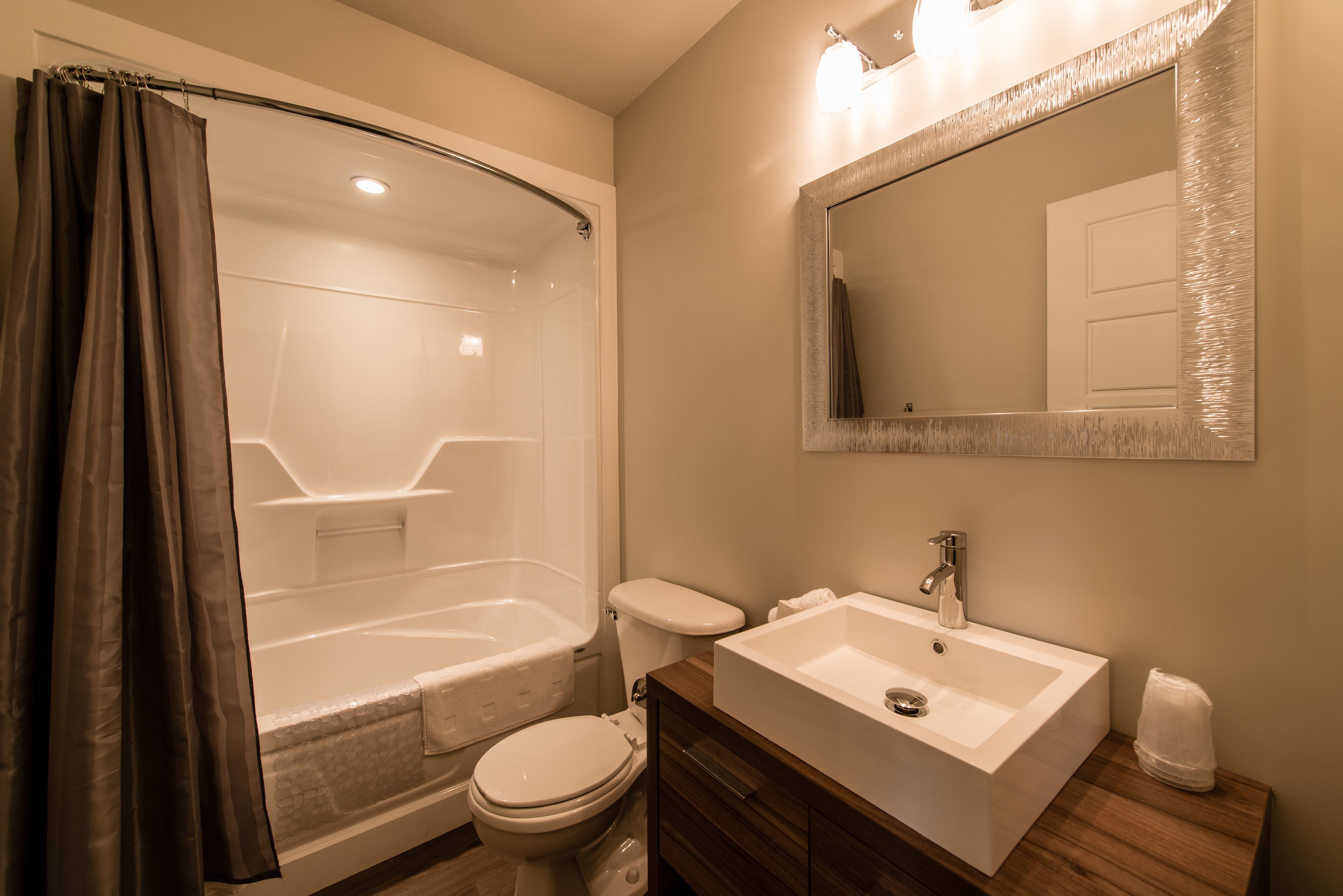 combined shower/bathtub, hydromassage showerhead, hair dryer, towels