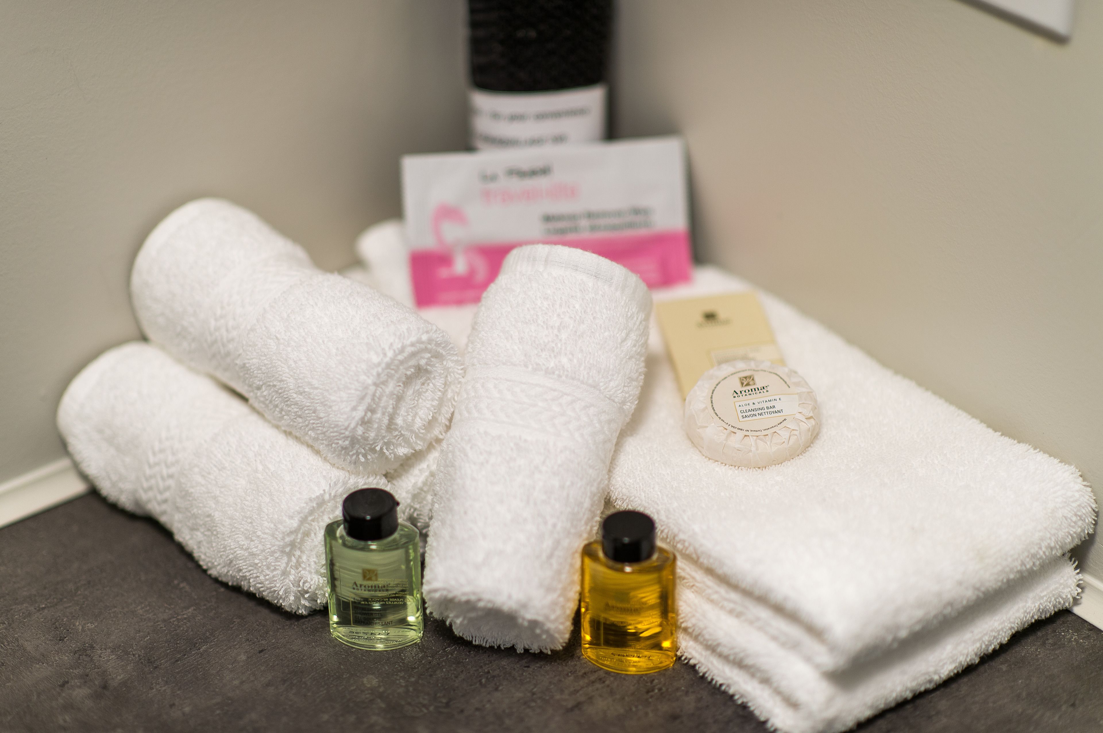 combined shower/bathtub, hydromassage showerhead, hair dryer, towels