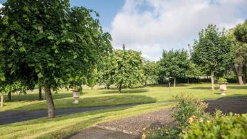 A park with trees, a paved path, and a grassy area.