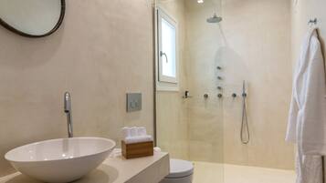 Shower, hydromassage showerhead, designer toiletries, hair dryer