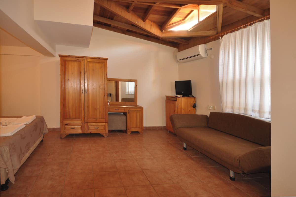 Une chambre à coucher comprenant un lit, une armoire en bois, un petit bureau avec une télévision et un canapé.