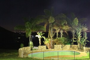 Vista nocturna de un jardín con piscina, palmeras y un muro de piedra.