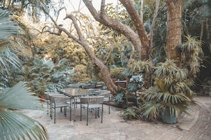 Un patio al aire libre con mesas y sillas, rodeado de plantas y árboles.