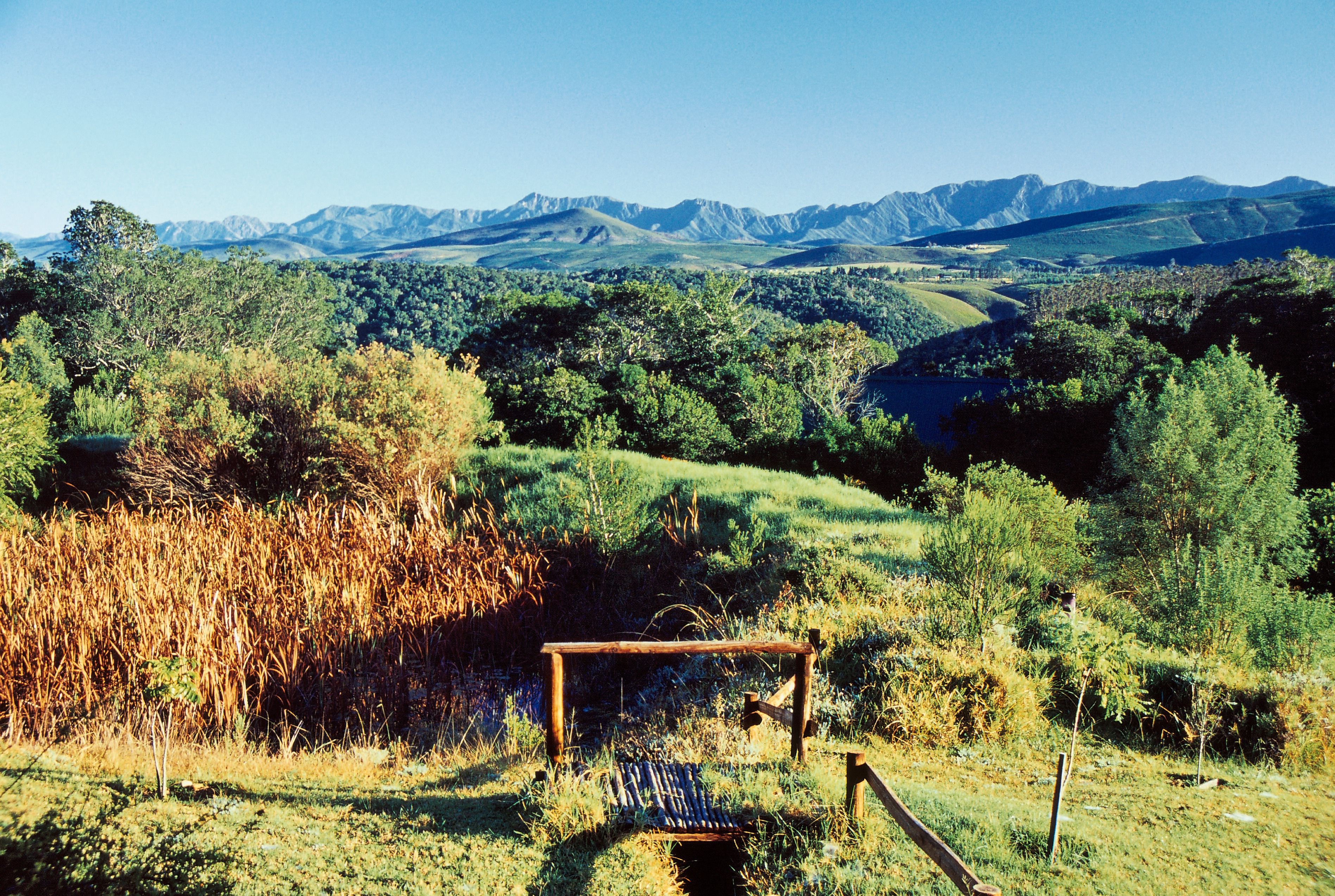 A rural landscape with rolling hills, a wooden structure, and a field of tall grass.