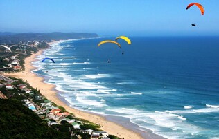 Escena de playa costera con varias actividades de parapente.