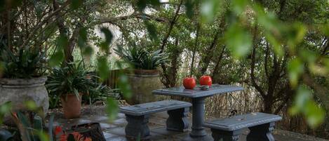 Un patio jardín con una mesa de piedra y bancos, rodeado de macetas y árboles.