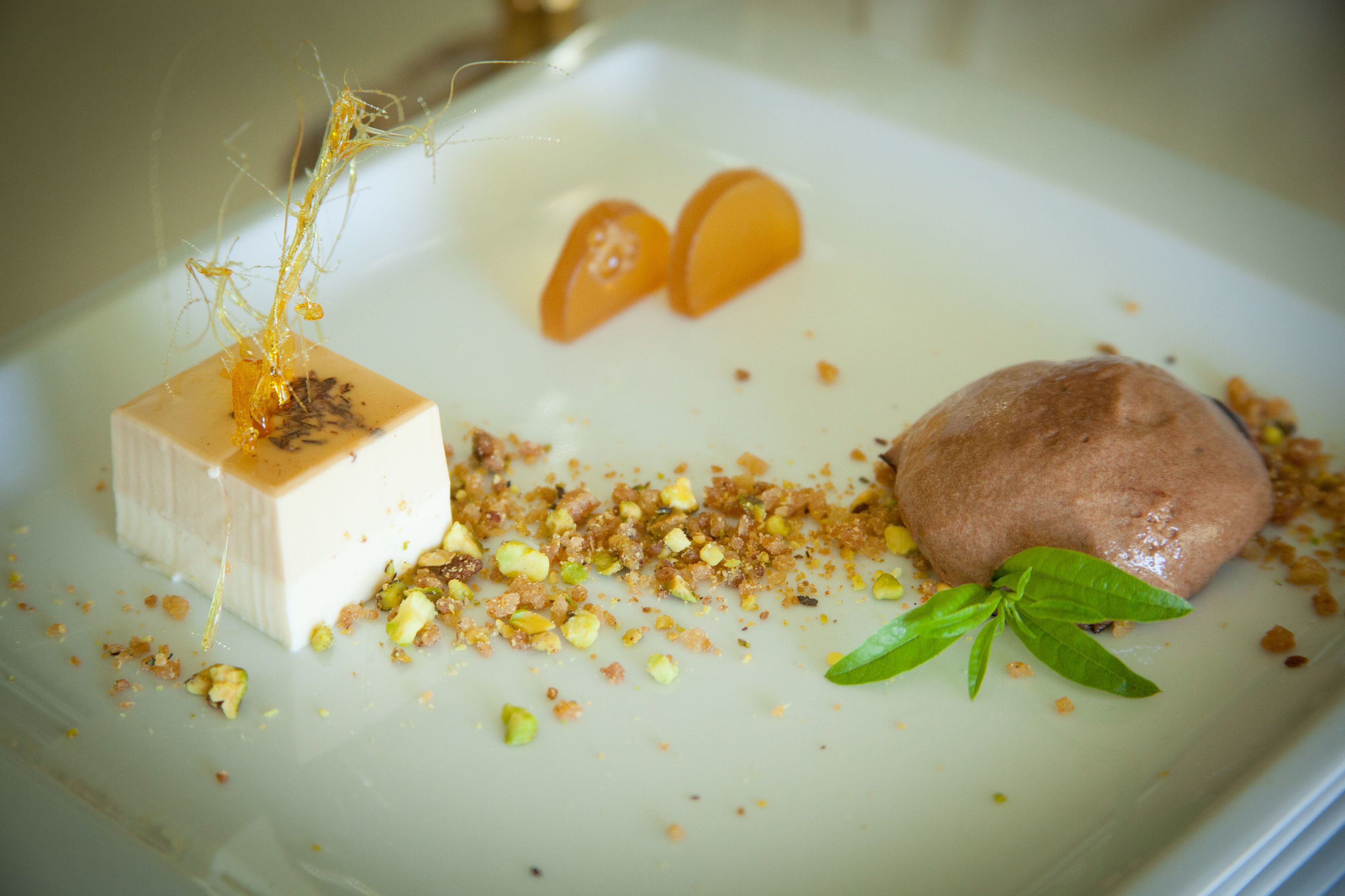 Un piattino con un cubo di dolce bianco, un dolce al cioccolato rotondo, fette d'arancia e foglie verdi.