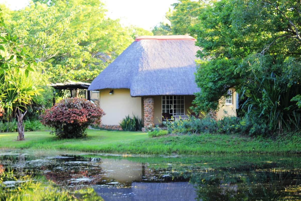 A house with a thatched roof, surrounded by lush greenery and a pond.
