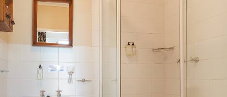 Un baño con lavamanos, espejo y ducha.