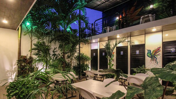 Un área de comedor al aire libre con mesas y sillas, rodeada de exuberante follaje y un mural en la pared.