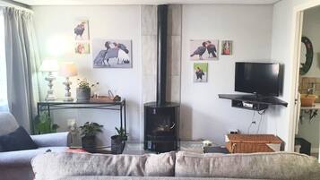 A living room with a sofa, a TV, a fireplace, and wall art.
