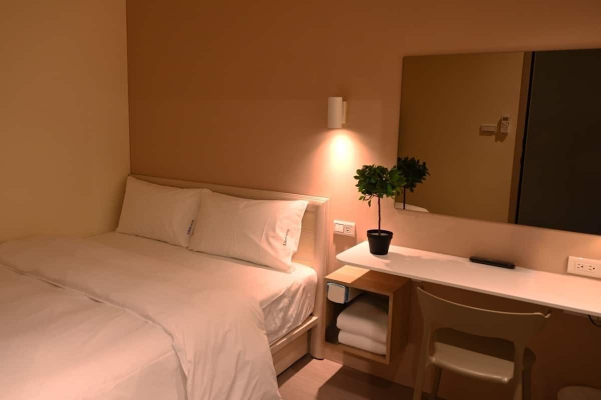 Une chambre d’hôtel avec un lit, un bureau, une chaise, une plante en pot et un miroir.