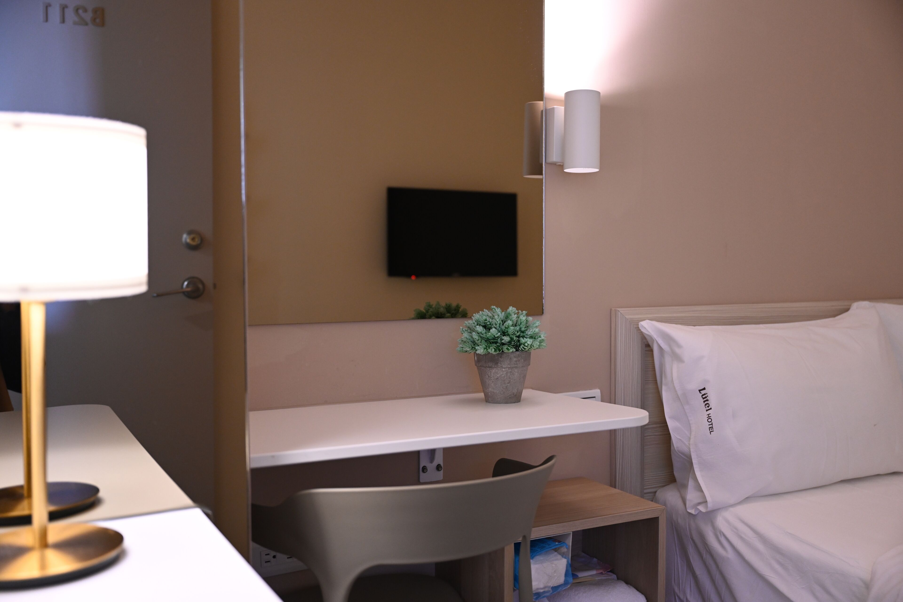 Ein Hotelzimmer mit Bett, Schreibtisch, Stuhl, einem an der Wand befestigten Fernseher und einer Pflanze auf dem Schreibtisch.