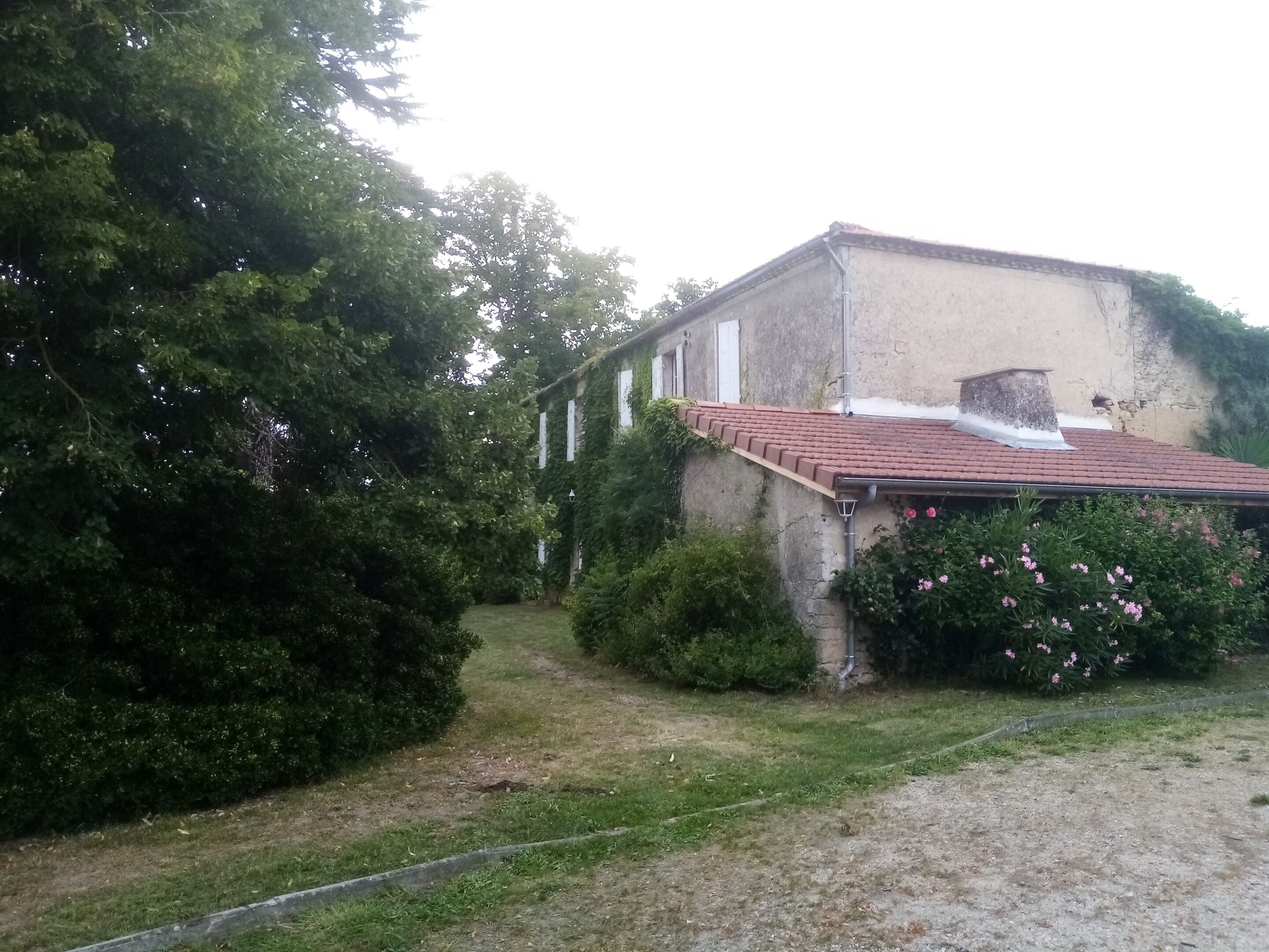 A building with a red-tiled roof, surrounded by greenery and a gravel path.