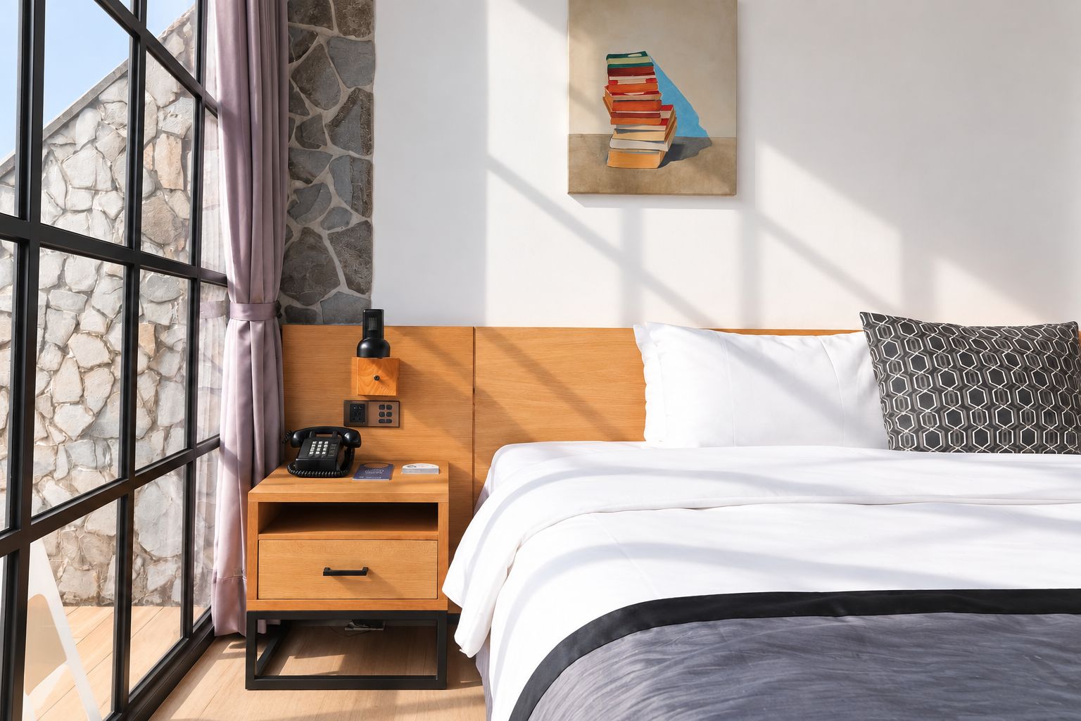 A hotel room with a bed, a nightstand with a phone and a lamp, a wall-mounted painting, and a stone wall.