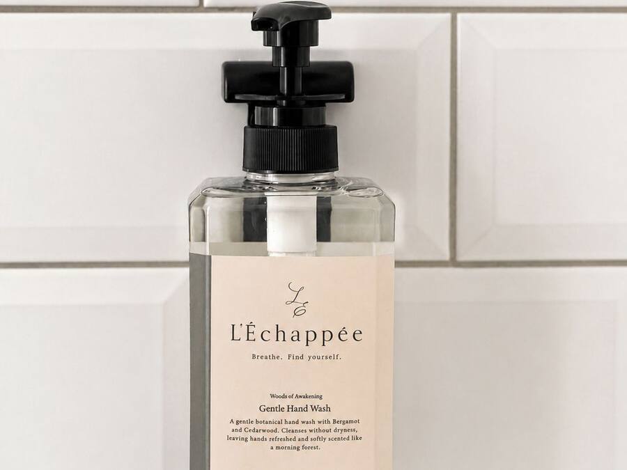 A bottle of L'Echappée Gentle Hand Wash with a black pump dispenser, placed on a white tiled surface.