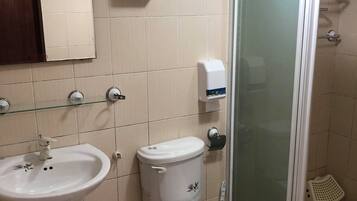 Un baño con lavabo, inodoro y ducha.