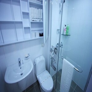 Shower, free toiletries, hair dryer, towels