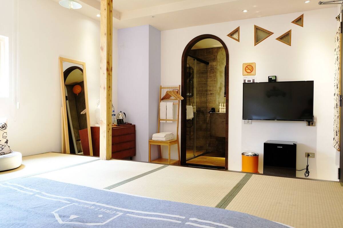 A hotel room with a tatami mat floor, a television, a wardrobe, a mirror, and a glass shower enclosure.