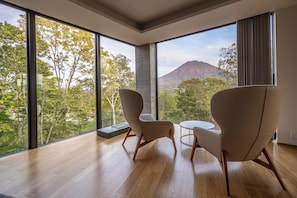 A modern room with large windows, two chairs, a small table, and a view of a mountain.