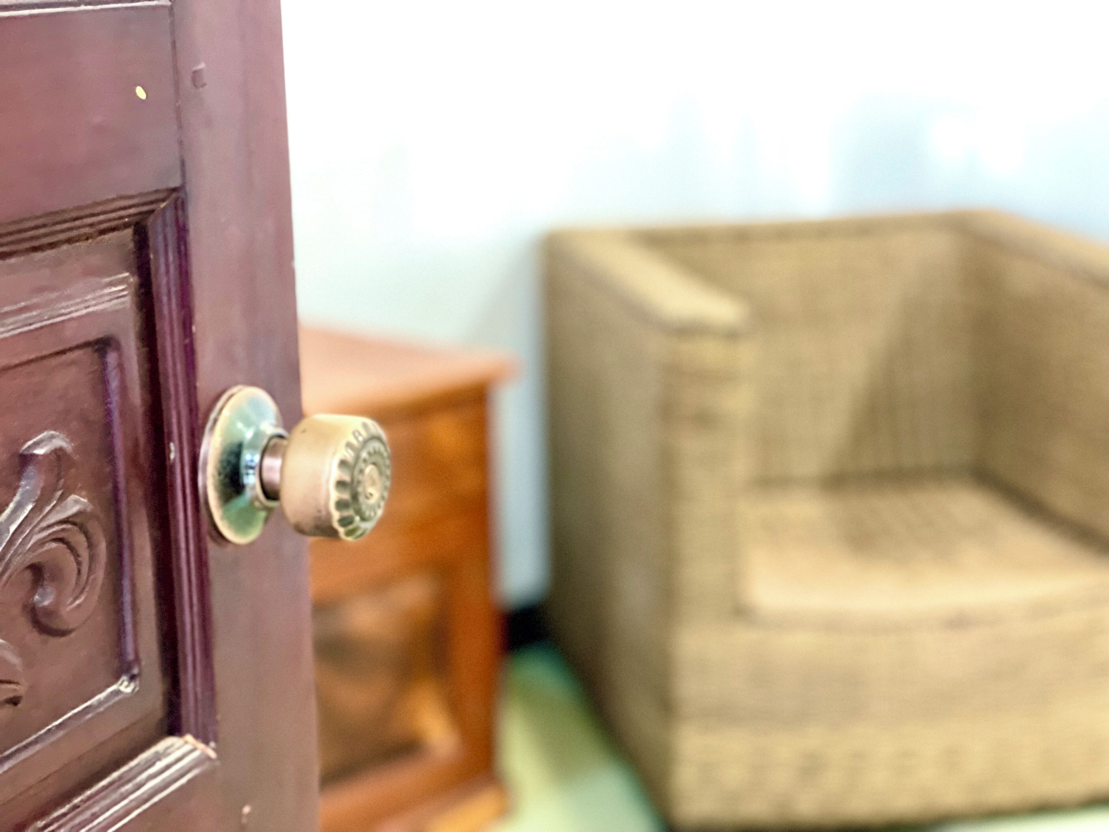 A close-up of a door with a round, metallic handle and a decorative panel.