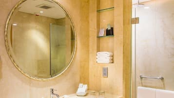 Separate bathtub and shower, bathrobes, slippers, towels