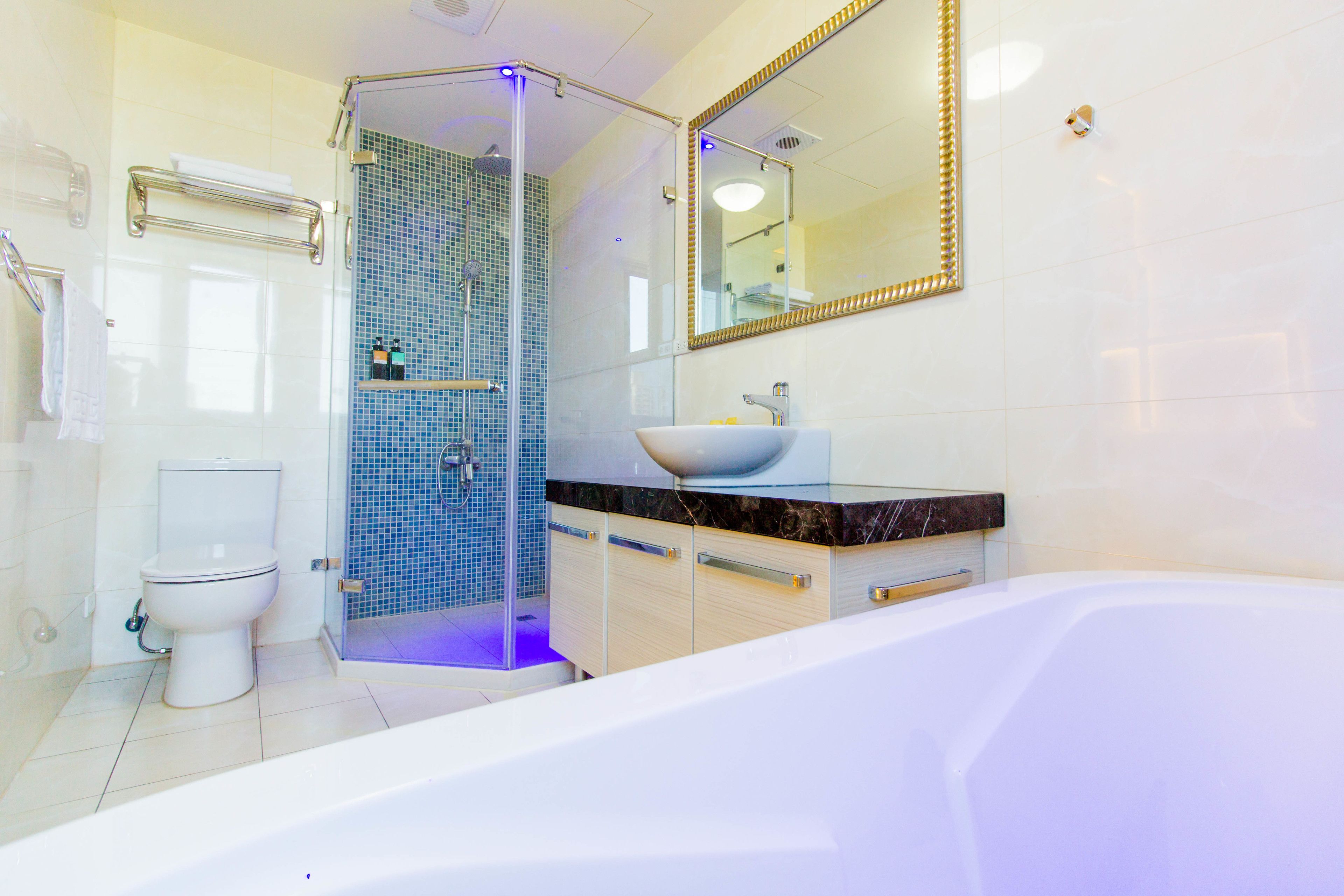 Separate bathtub and shower, deep-soaking bathtub, rainfall showerhead