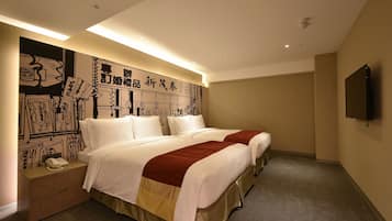 A hotel room with two beds, a nightstand with a telephone, and a wall with a large black-and-white mural.