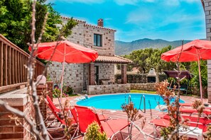 Outdoor pool, pool umbrellas, pool loungers