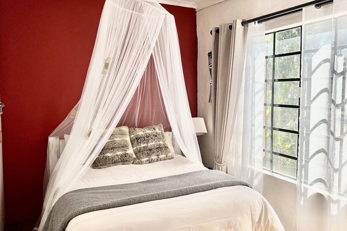 A bedroom with a bed, a window with curtains, and a red wall.