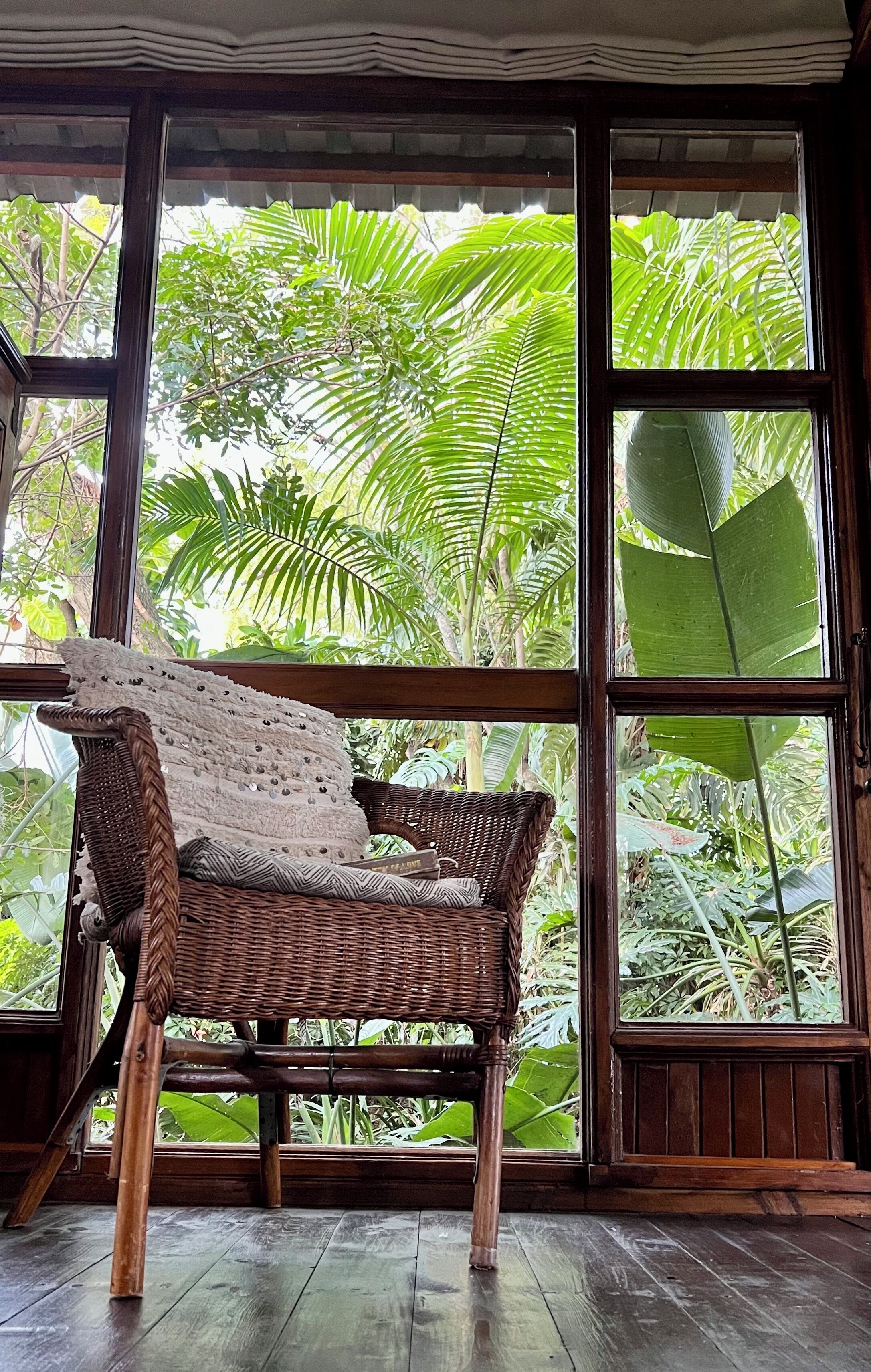 A wicker chair with a crocheted throw, positioned in front of large windows with a view of lush green foliage.