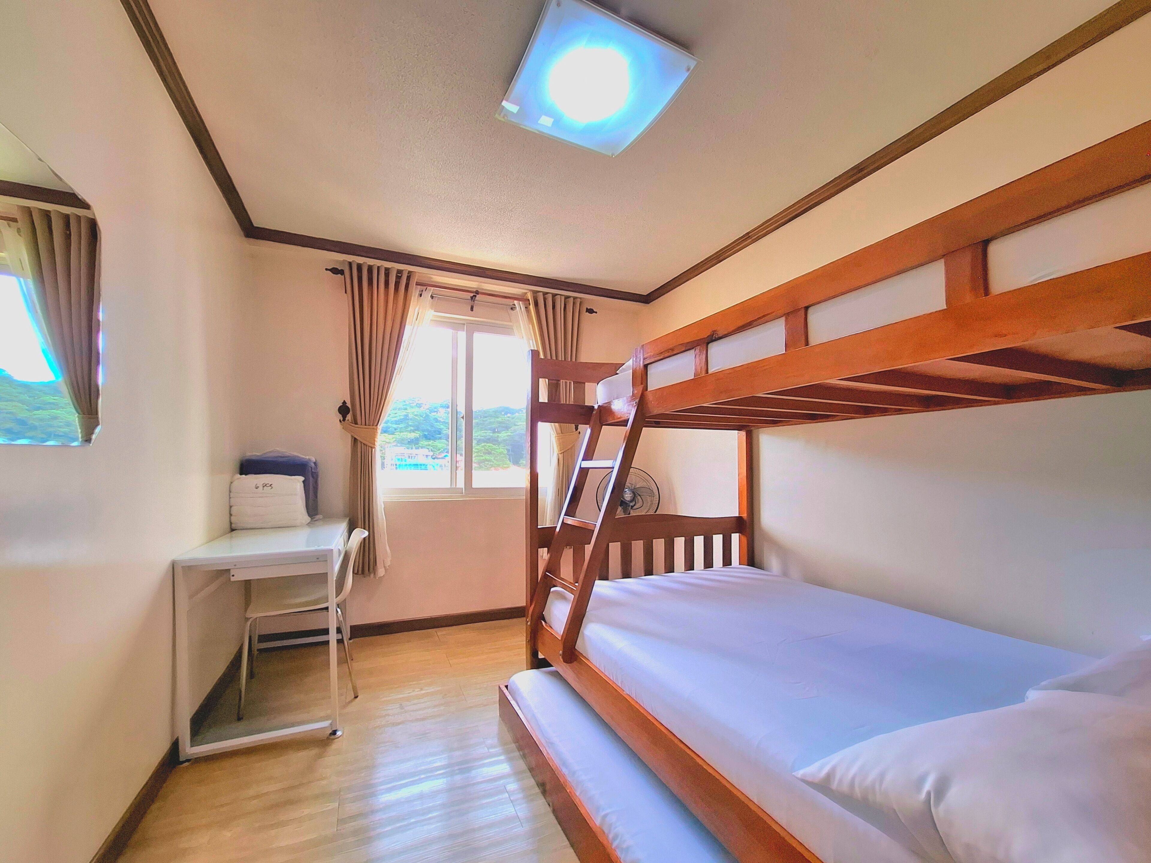 A room with a bunk bed, a desk, and a window with curtains.