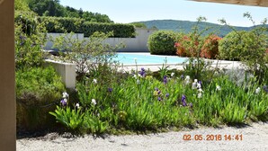 A garden with a pool, surrounded by greenery and flowers. - La Ferme Du Gros Noyer (Malaucene)